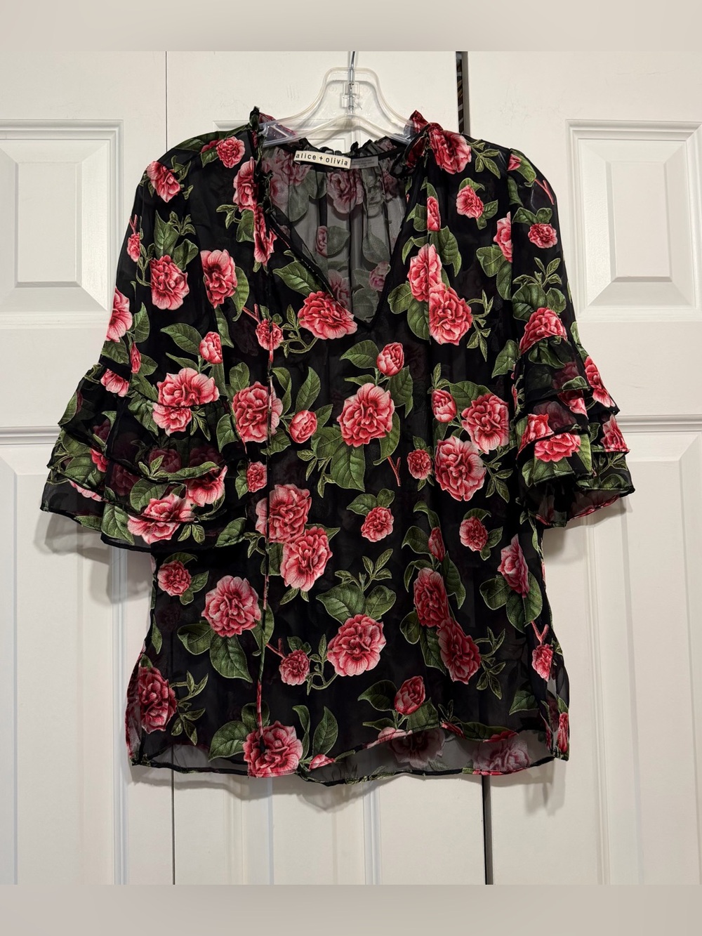 ALICE + OLIVIA Julius Tiered Ruffle Sleeve Tunic Top Sz XS Cheri Floral